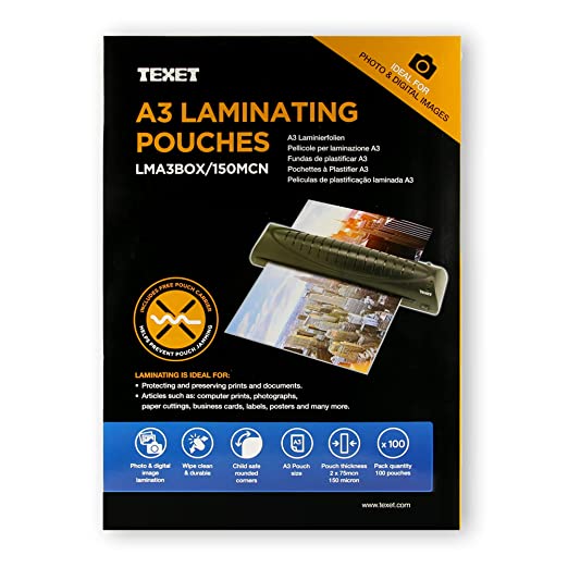 Texet A3 Laminating Pouches 75 Microns, Pack of 100, Clear Glossy Qual TEXET